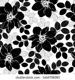 Nahtloser Hintergrund schwarz-weißer Silhouetten tropischer Blumen und Blätter. Frühling-Sommer. Stylisches exquisites Muster für Grußkarten, große Rabatte, Verkauf, Stoffe, Verpackung