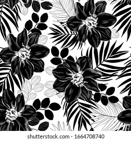 Nahtloser Hintergrund schwarz-weißer Silhouetten tropischer Blumen und Palmenblätter. Frühling-Sommer. Stylisches exquisites Muster für Grußkarten, große Rabatte, Verkauf, exotische Stoffe, Verpackungen