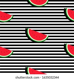 Seamless background with black and white stripes and watermelon slices with dark shadow. Vector fruit design for pattern or template.