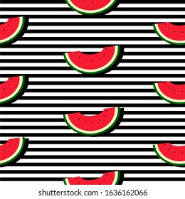 Seamless background with black and white stripes and watermelon slices with dark shadow. Vector fruit design for pattern or template.
