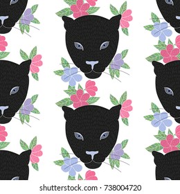 Seamless background with a black wild cats and flowers. Can be used for printing on bag, clothes, fabric. Vector illustration.