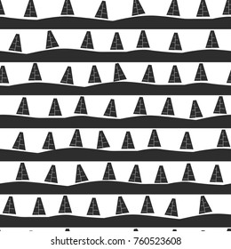 Seamless background in black-and-white style with spruce trees on the road. Vector