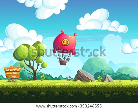 Seamless background blimp above the hills. Vector illustration for design, graphics, print, web, magazine, book, web games.