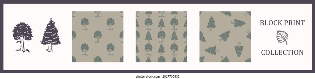 Seamless background block print collection tree set of 3. patterns with motif. Rustic babies silhouette illustration background. Collection of modern beige scandi style. Soft cloth textile fashion. 