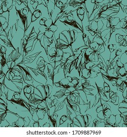 Seamless background with blooming apple tree. flowering fruit trees, apricot, hanging, apple tree. botanical illustration. natural essential oil. Floral pattern for textiles, wallpaper, packaging. 