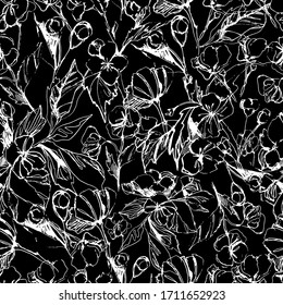 Seamless background with blooming apple tree. flowering fruit trees, apricot, hanging, apple tree. botanical illustration. natural essential oil. Floral pattern for textiles, wallpaper, packaging. 