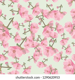 Seamless background with blooming cherry blossom, cherry. Japan.