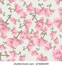 Seamless background with blooming cherry blossom, cherry. Japan.