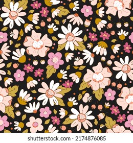 Seamless background of blooming summer meadow on a black background. Floral pattern for fashion, wallpaper, print. Trendy floral design in vector.