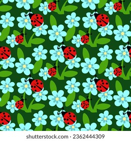 Seamless background of a blooming summer meadow with blue flowers and a red ladybug on a green background. Vegetable background with an insect for wallpaper, printing. Children's vector illustration