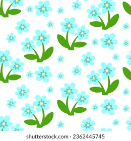 Seamless background of a blooming summer meadow with blue flowers. Vegetable background for fashion, wallpaper, printing. Double and single. Vector flowers in cartoon style. Children's Flower design