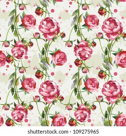 Seamless background with blossoming peony branches. Abstract retro wallpaper pattern. Elegance background, vector illustration