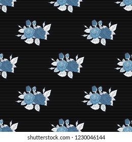 Seamless background in blue, black and gray roses. Vector seamless background with colored spots.