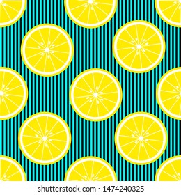 Seamless background with blue and black stripes and lemon slices. Vector illustration design for pattern or template.