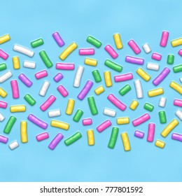 Seamless background of blue candy donut glaze with many decorative sprinkles.