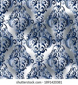 Seamless Background Of Blue Color In The Style Of Baroque. Damask Wallpaper. Wallpaper In The Style.
