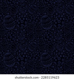 Seamless background with blue contour Easter eggs on a dark background. Stylized Easter eggs with patterns