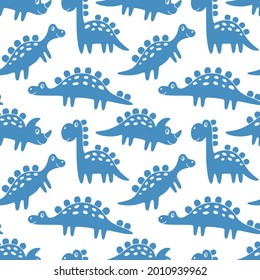Seamless background from blue dinosaurs. Funny cute monsters. Ideal for kids design, fabric, packaging, wallpaper, textiles, home decor.