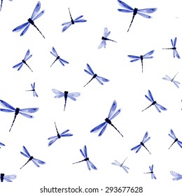 Seamless background with blue dragonflies hand-drawn in traditional Japanese style sumi-e. Can be used for wallpaper, pattern fills, textile, web page background, surface textures.Vector illustration.