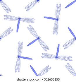 Seamless background of blue dragonflies on a white background