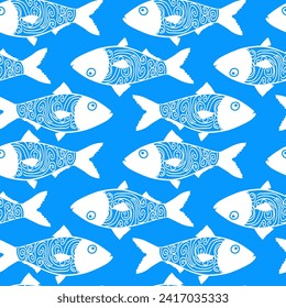Seamless background with blue fish for fabrics, textiles, packaging and wallpaper. Vector illustration