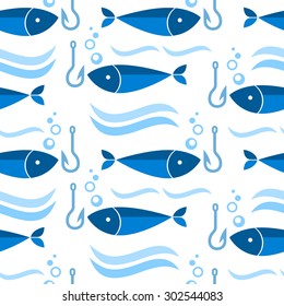Seamless background with blue fish, fish hook and wave icons