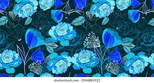 Seamless background blue flowers. Not AI, Vector illustration