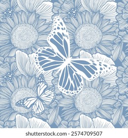 Seamless background blue graphic flowers with a butterfly. hand drawing. Not AI, Vector illustration.