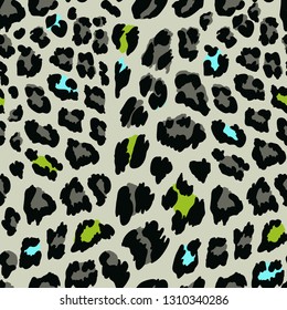 Seamless background of blue and green leopard spots and grey background