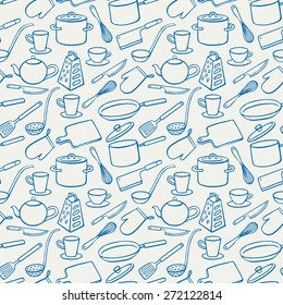 Seamless background with blue kitchen utensils. pans, knives, ladle. hand-drawn illustration