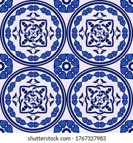 Seamless background with blue Muslim pattern. Geometry. Textile. Ethnic boho ornament. Vector illustration for web design or print.