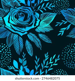 Seamless background with blue neon flowers rose. Hand drawn. Not AI, vector illustration.