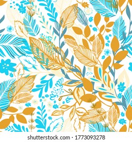 Un fondo sin costuras con flores y hojas azules y naranjas. Ilustración del vector