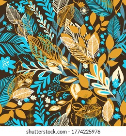 A seamless background with blue and orange flowers and leaves. Vector illustration