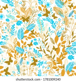 A seamless background with blue and orange flowers and leaves. Vector illustration