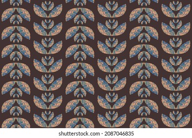 Fondo inmaculado con un patrón de textura de hojas modernas azul y naranja sobre fondo marrón. Patrón vector geométrico abstracto.
