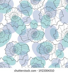 Seamless background. Blue ovals on a white background and sea shell outlines. Nautilus shells. 