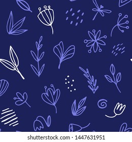 Seamless background blue pattern with line florals. The bell of the branches and leaves. Hand draws in pencil. botanical illustration in sketchy style. Background for header, for blog, postcard