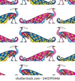 Seamless background of blue and pink decorative peackoks