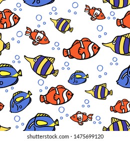 Seamless background with blue and pink ocean fish on blue background. Cartoon background with fish.


