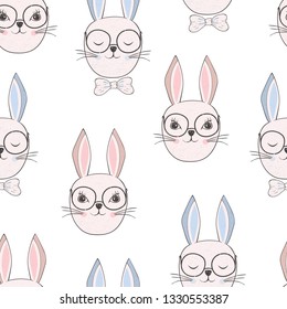 Seamless background with blue and pink rabbit head with glasses and bow. Smart animal boy and cute girl isolated on white background, illustration.