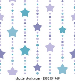 Seamless background with blue and purple dots and blue stars on white background. aquamarine beads string with balls and stars. Vector illustration. Cute stars. Star fantasy rain.