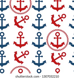 Seamless background of blue and red anchors on white background
