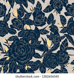 seamless background with blue roses and leaves