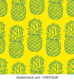 seamless background of blue sketch pineapples on yellow background. hand-drawn illustration