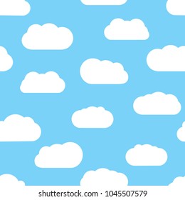 Seamless background with blue sky and white cartoon clouds. Vector illustration.