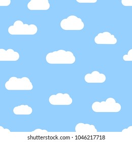Seamless background with blue sky and white cartoon clouds. Vector illustration.
