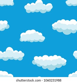 Seamless background with blue sky and white cartoon clouds. Vector illustration.
