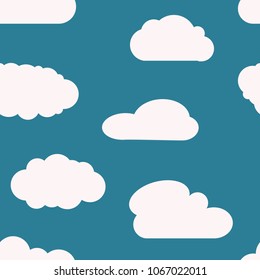 Seamless background with blue sky and white cartoon clouds. Vector illustration.