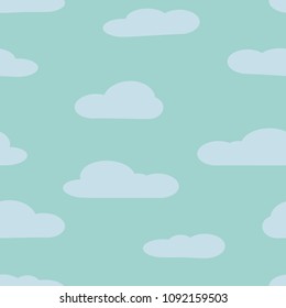 Seamless background with blue sky and white cartoon clouds. Vector illustration.